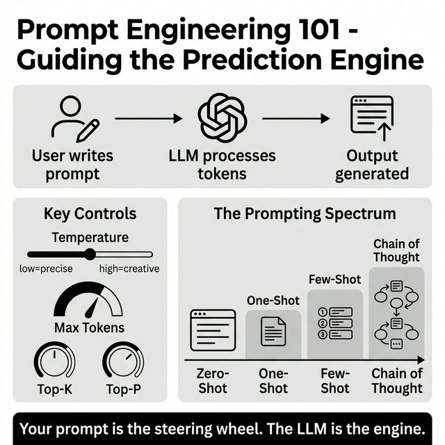 Infographic for Module 1 of Prompt Engineering 101, showing the LLM prediction flow and key model controls like Temperature and Top-K.