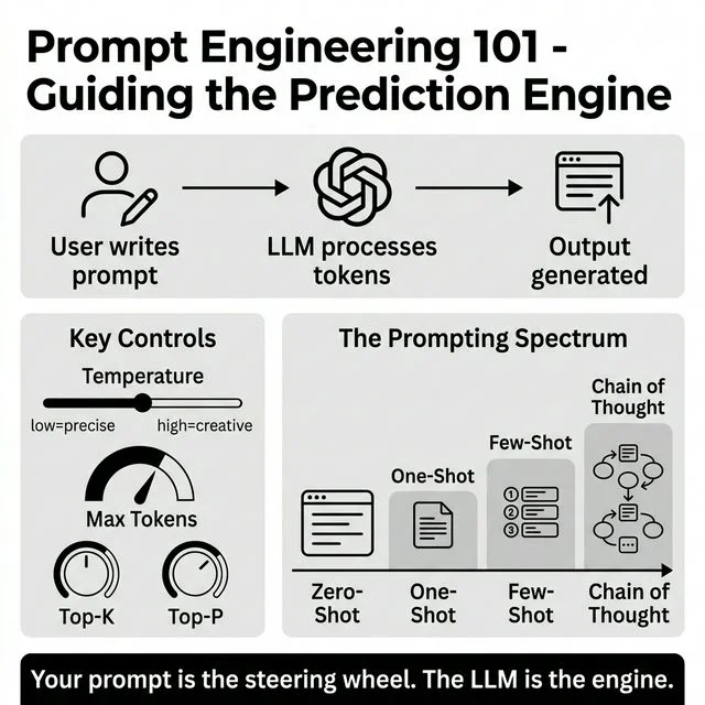 Infographic for Module 1 of Prompt Engineering 101, showing the LLM prediction flow and key model controls like Temperature and Top-K.