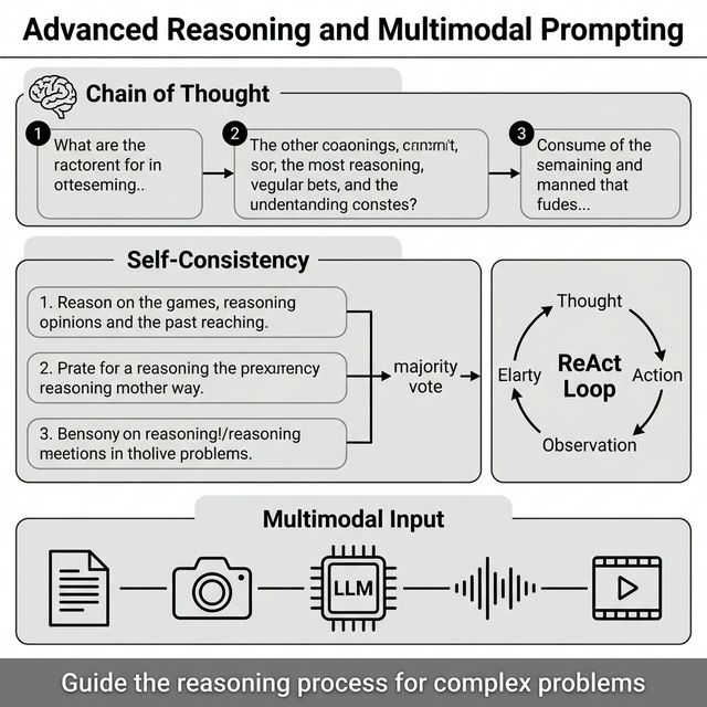 Infographic for Module 3, showing Chain of Thought, Self-Consistency, ReAct Loop, and Multimodal Input techniques.