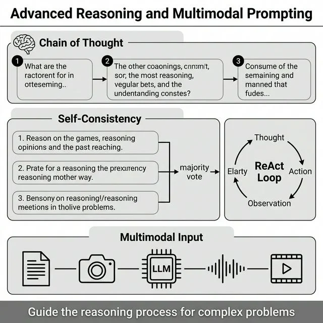 Infographic for Module 3, showing Chain of Thought, Self-Consistency, ReAct Loop, and Multimodal Input techniques.