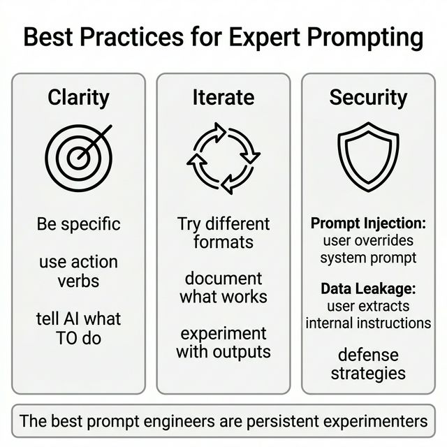 Infographic for Module 5, showing best practices for expert prompting: Clarity, Iterate, and Security.