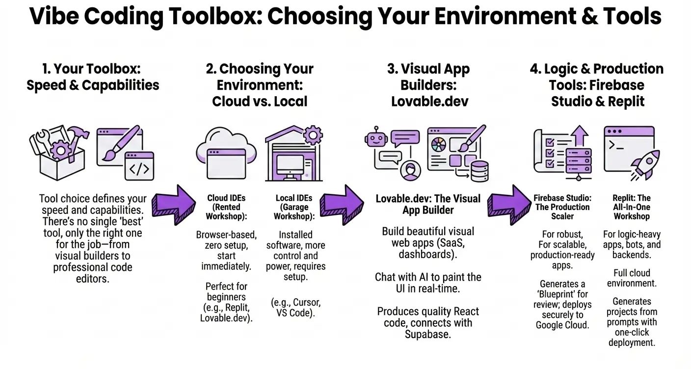 An infographic for Module 2 of the Vibe Coding course, showing various tool logos and titled 'The Modern Toolkit'.