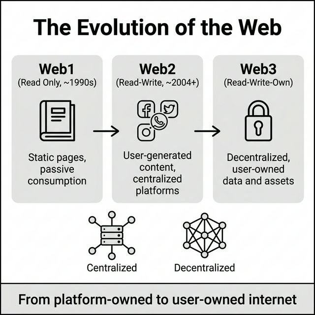 Infographic showing the evolution of the web from Web1 Read-Only to Web2 Read-Write to Web3 Read-Write-Own, with centralized vs decentralized network comparison.