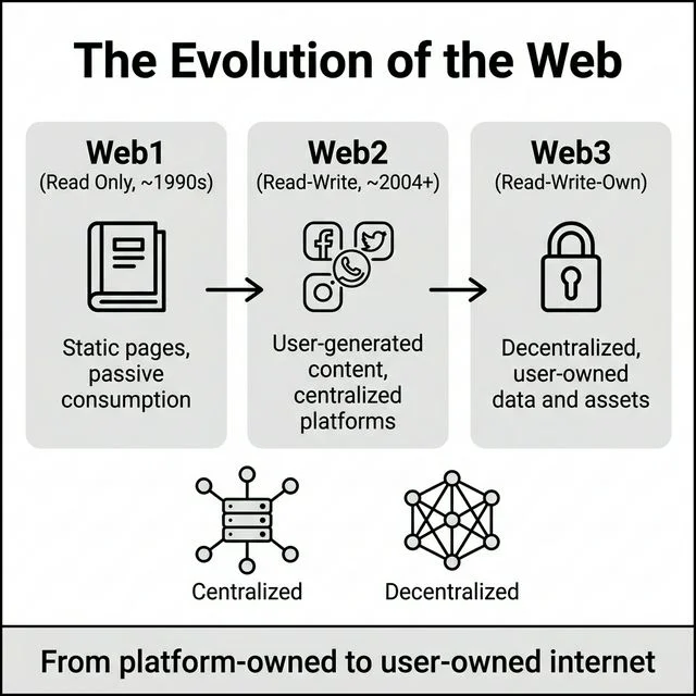 Infographic showing the evolution of the web from Web1 Read-Only to Web2 Read-Write to Web3 Read-Write-Own, with centralized vs decentralized network comparison.