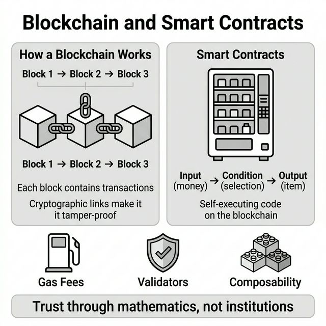 Infographic showing how blockchain works with chained blocks and smart contracts depicted as a vending machine analogy, plus Gas Fees, Validators, and Composability icons.