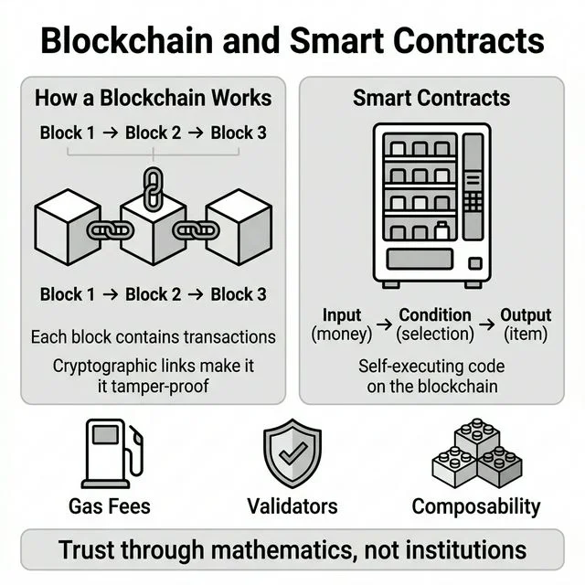Infographic showing how blockchain works with chained blocks and smart contracts depicted as a vending machine analogy, plus Gas Fees, Validators, and Composability icons.