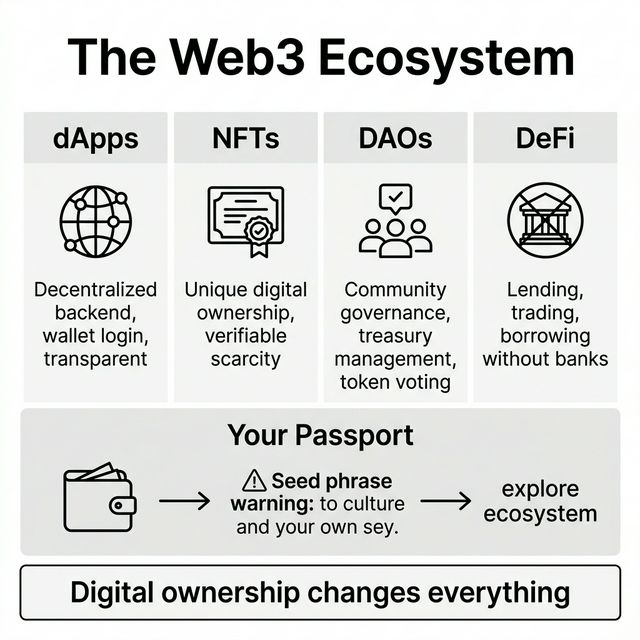 Infographic showing the four pillars of the Web3 ecosystem: dApps, NFTs, DAOs, and DeFi with their key characteristics, plus a wallet passport section.