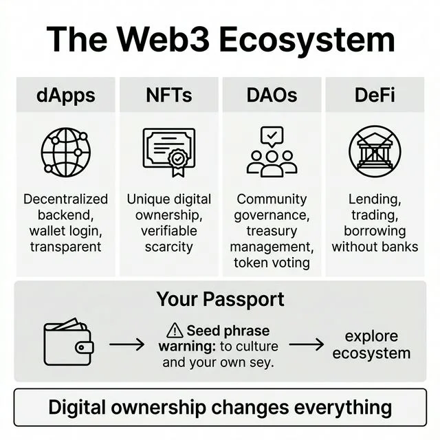 Infographic showing the four pillars of the Web3 ecosystem: dApps, NFTs, DAOs, and DeFi with their key characteristics, plus a wallet passport section.