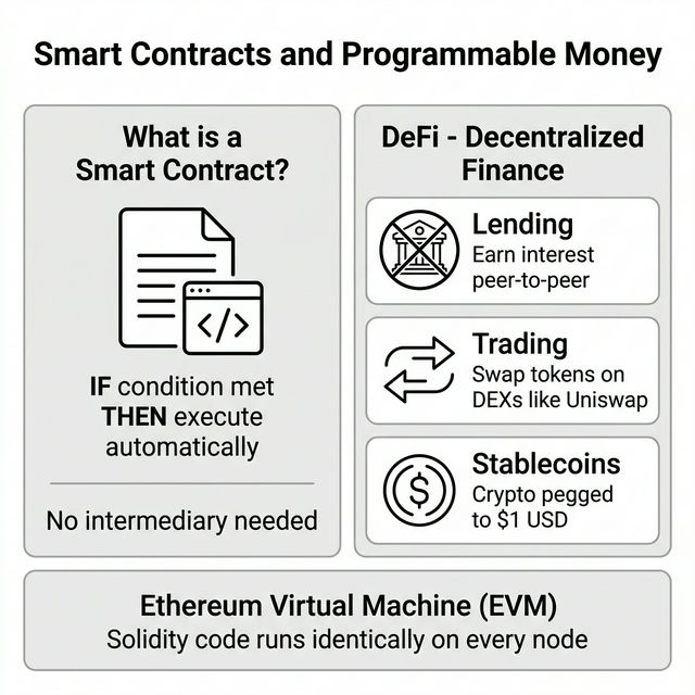 Infographic showing Smart Contracts and Programmable Money, including IF-THEN execution, DeFi lending, trading, and stablecoins.