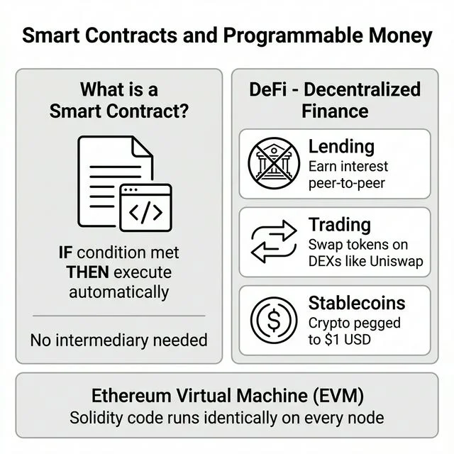 Infographic showing Smart Contracts and Programmable Money, including IF-THEN execution, DeFi lending, trading, and stablecoins.