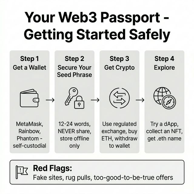 Infographic showing Your Web3 Passport - Getting Started Safely with 4 steps: Get a Wallet, Secure Your Seed Phrase, Get Crypto, Explore.