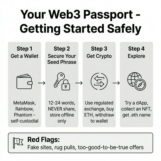 Infographic showing Your Web3 Passport - Getting Started Safely with 4 steps: Get a Wallet, Secure Your Seed Phrase, Get Crypto, Explore.