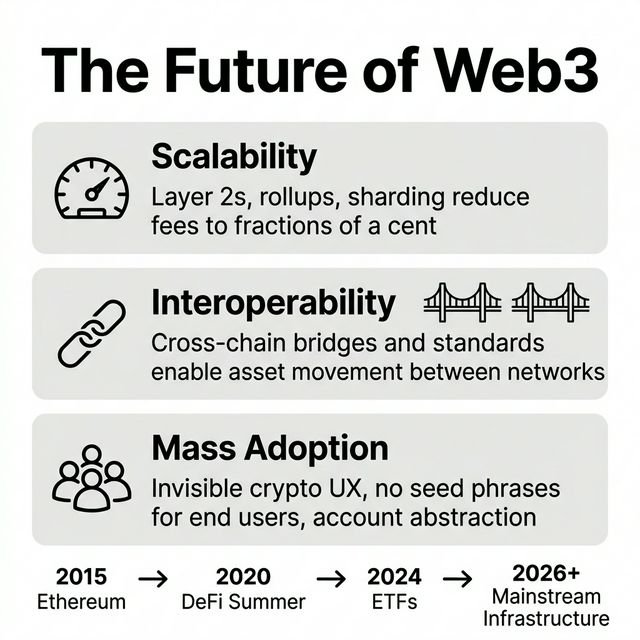Infographic showing The Future of Web3 with Scalability, Interoperability, Mass Adoption sections and a timeline from 2015 to 2026+.