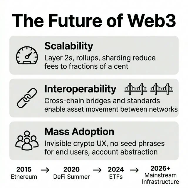 Infographic showing The Future of Web3 with Scalability, Interoperability, Mass Adoption sections and a timeline from 2015 to 2026+.