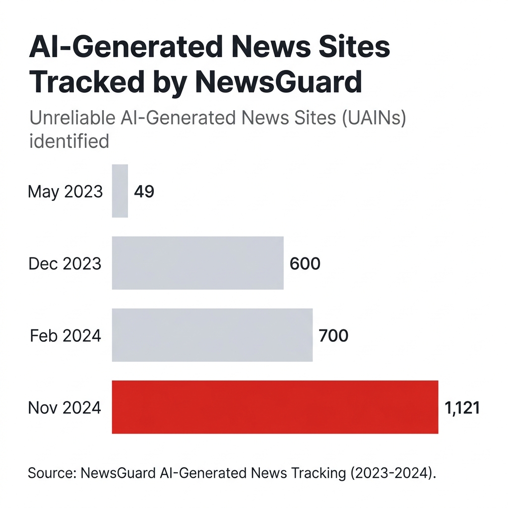 Bar chart showing AI-generated news sites tracked by NewsGuard, growing from 49 sites in May 2023 to 1,121 sites in Nov 2024