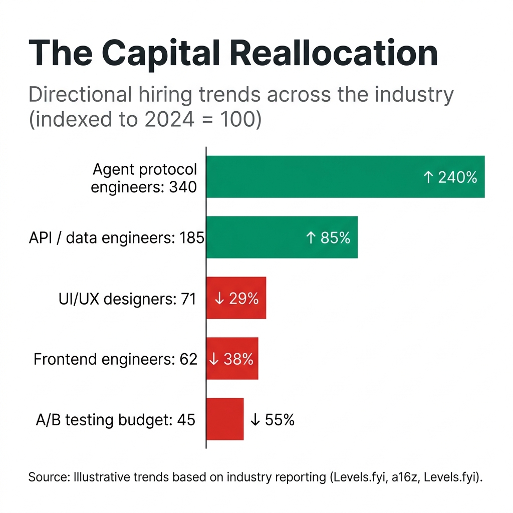 Horizontal bar chart showing hiring trend changes indexed to 2024: agent protocol (+240%) and API engineers (+85%) rising, frontend (-38%) and UI/UX (-29%) declining
