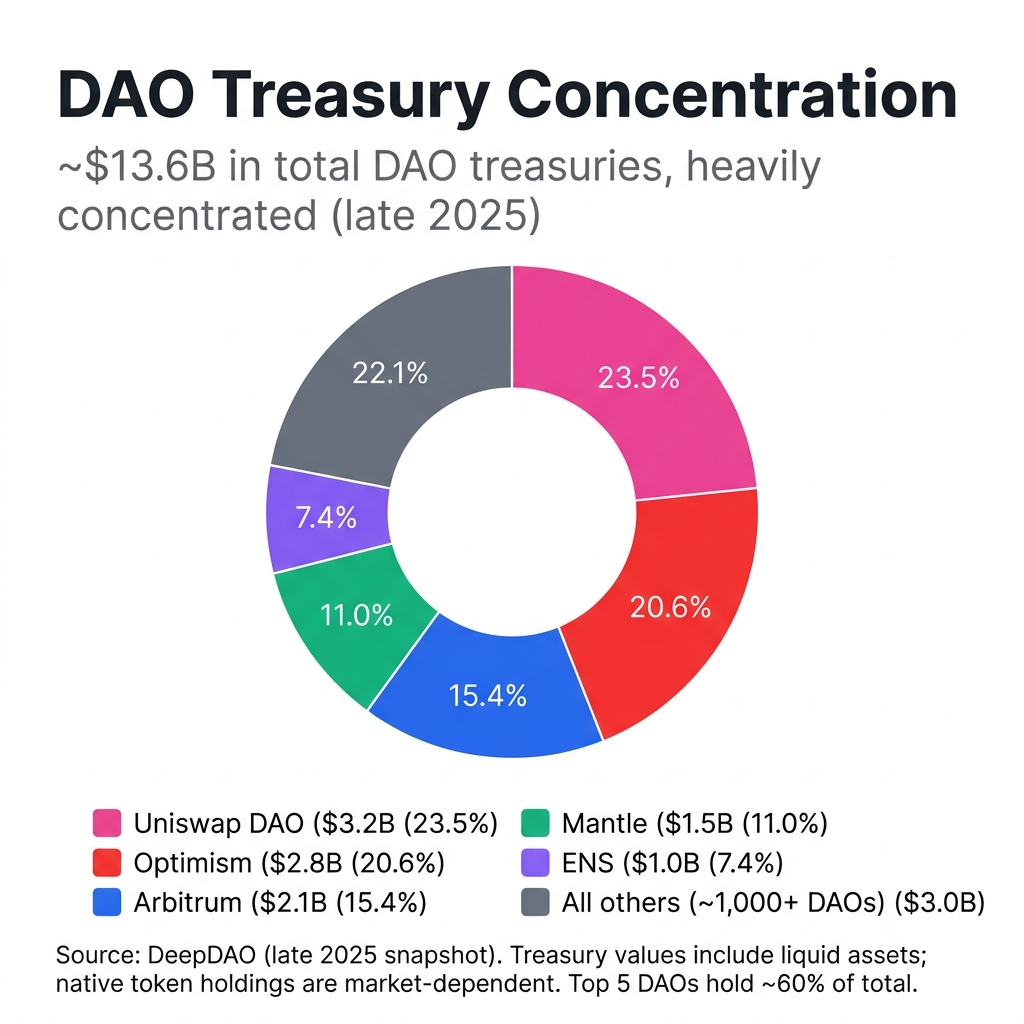 Donut chart showing DAO Treasury Concentration: Uniswap 23.5% ($3.2B), Optimism 20.6% ($2.8B), Arbitrum 15.4% ($2.1B), Mantle 11% ($1.5B), ENS 7.4% ($1.0B), others 22.1% ($3.0B)