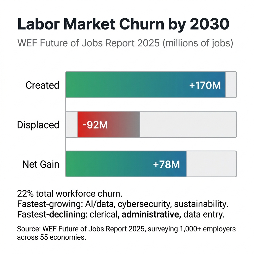 Infographic showing WEF labor market churn by 2030: +170M jobs created, -92M jobs displaced, resulting in +78M net gain