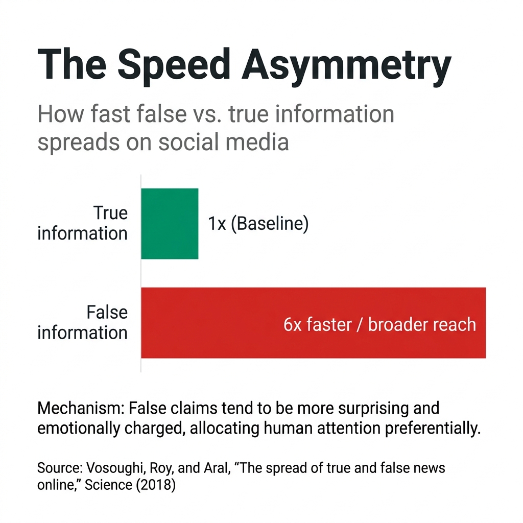 Bar chart comparing spread speed of true information (1x) vs. false information (6x faster)