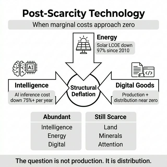 Post-Scarcity Technology Infographic showing three vectors of deflation: Intelligence, Energy, and Digital Goods converging on Structural Deflation